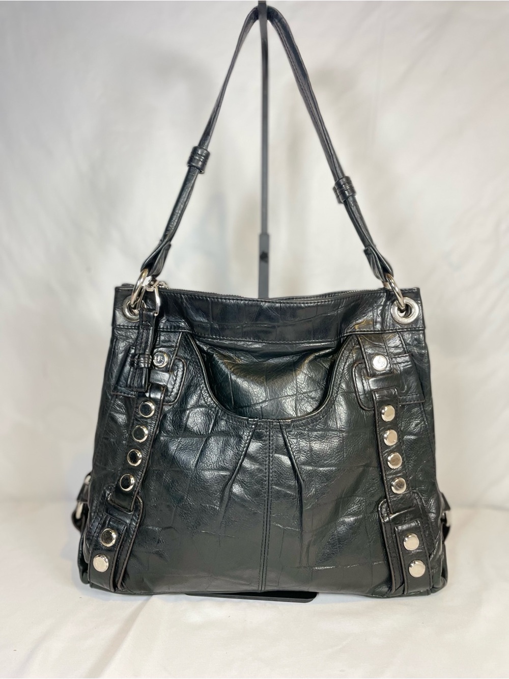 B. Makowsky Black Croc Embossed Leather Studded Shoulder Bag